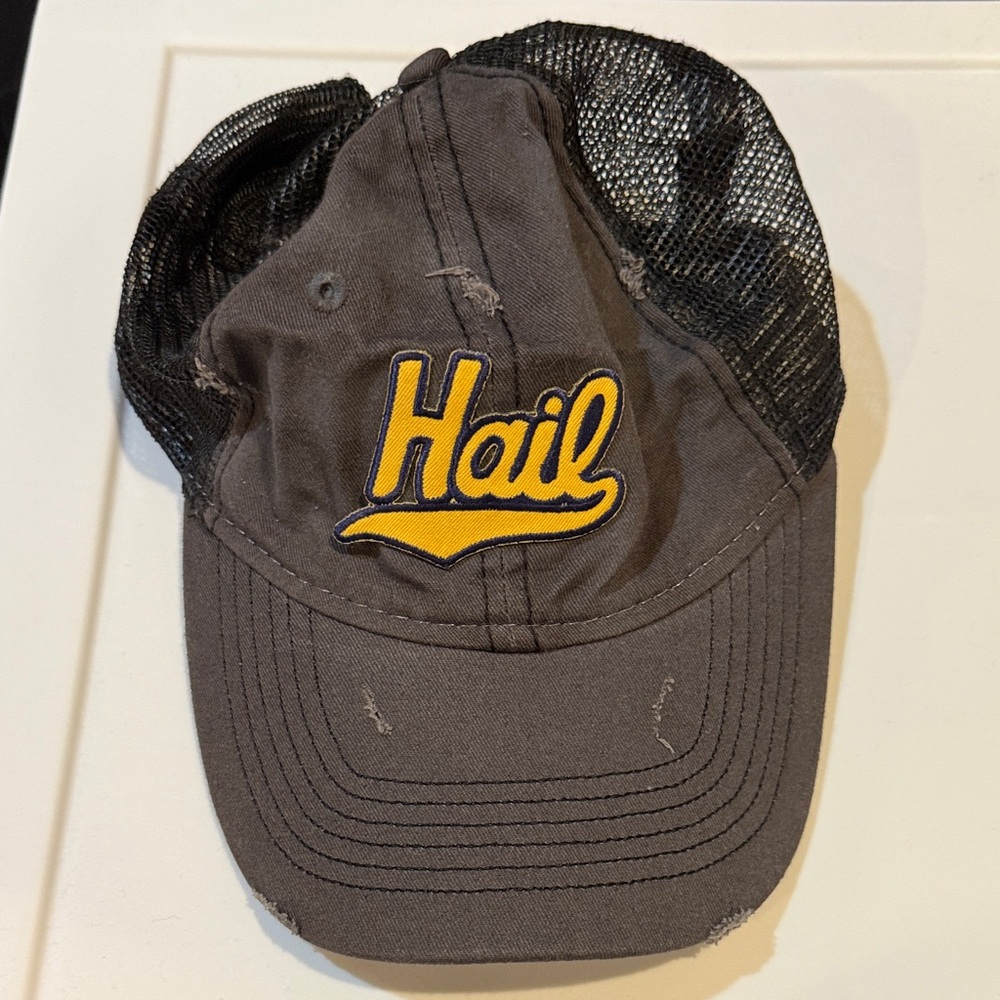 Navy and yellow distressed Michigan Cap with hail Yellow Logo